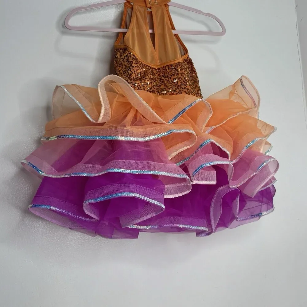 Weissman Orange Dance Costume IC Lets Fly Sequins Jewel Curly Hem Tricot Skirt